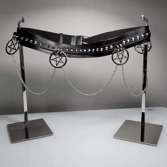 Killstar Curses Chain Belt Black Vegan Leather Silver Pentagram Chains Rock Stud - Picture 1 of 5